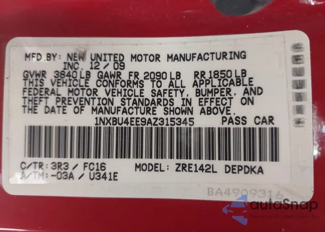 2010 Toyota Corolla Le из США, поврежденный, VIN 1NXBU4EE9AZ315345